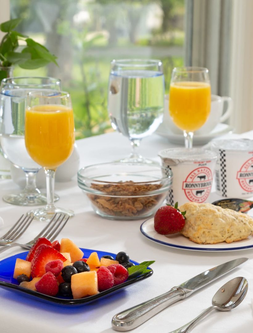 Gourmet breakfast with fruit and coffee at B&B in Ipswich