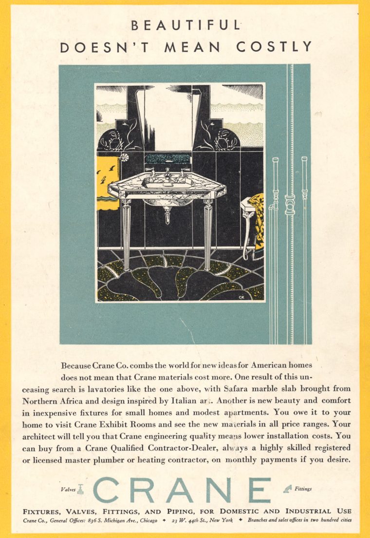 Historical photograph of of an ad for Crane Co. fixtures