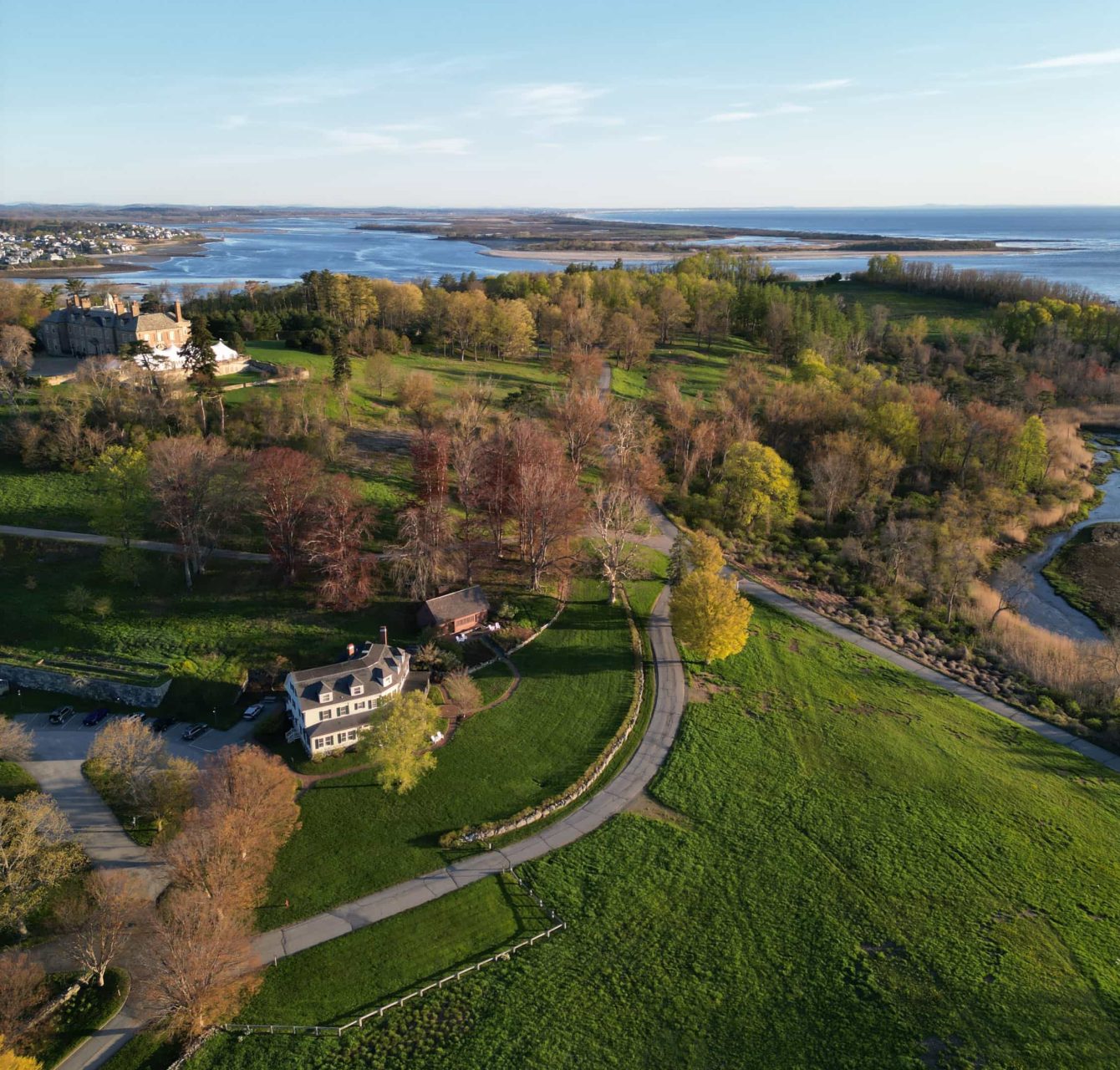 Drone photography of the Crane Estate marshes and land around Ipswich, MA wedding venue