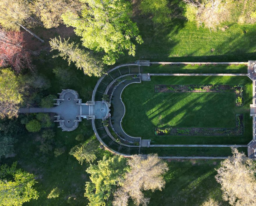 Drone photography of the Crane Estate garden and land around The Inn at Castle Hill