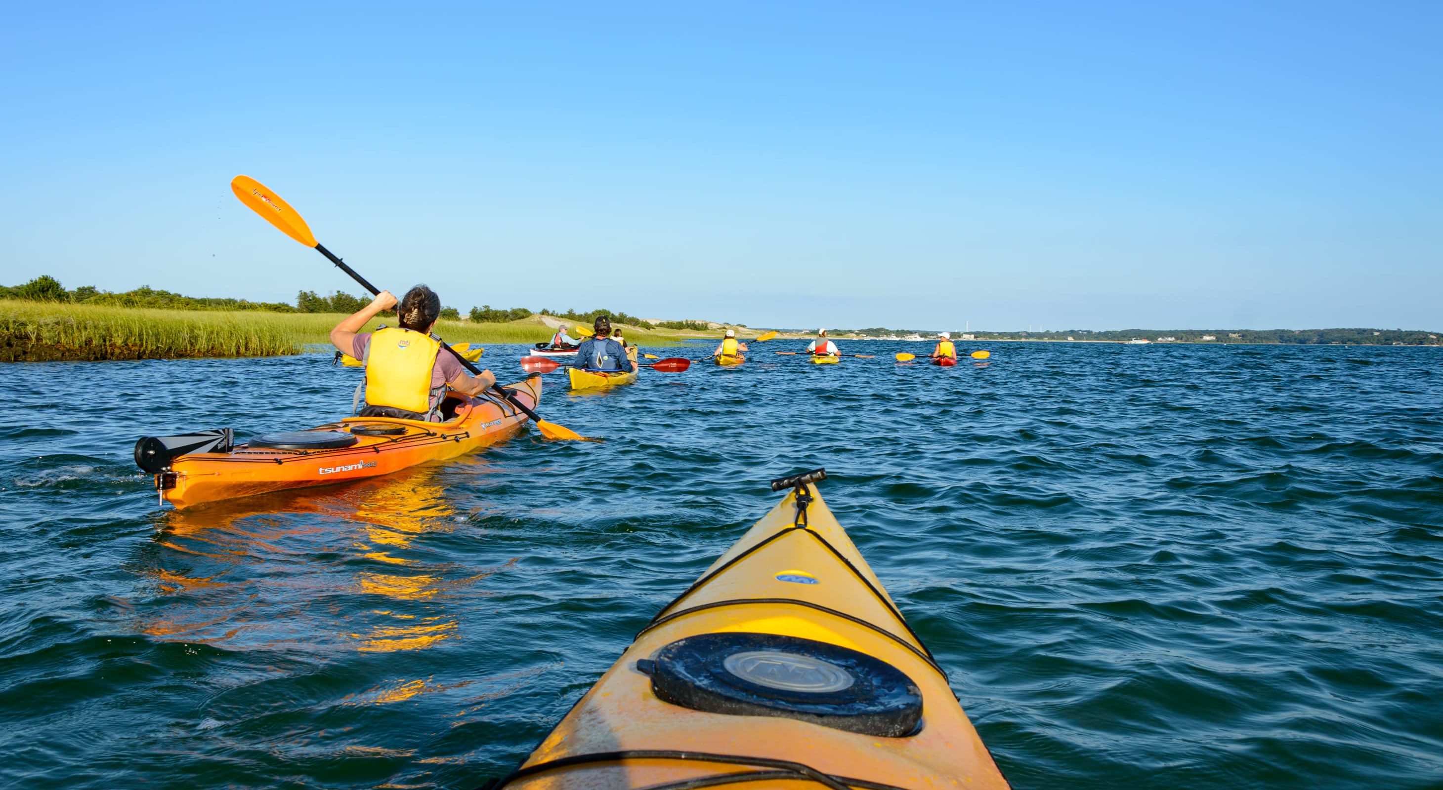 Group kayaking on calm waters during a MA getaway